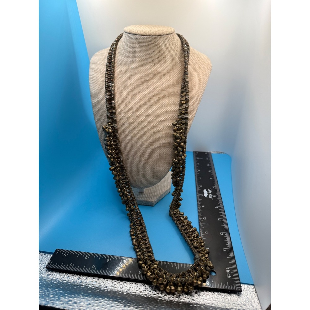 Vintage Ghungroo Bell Necklace Tribal Boho Brass Statement Long Woven Chain 30"